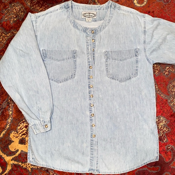 Bonjour Button Up Long Sleeved Denim Jean Shirt Light Blue Size Small - Picture 12 of 13